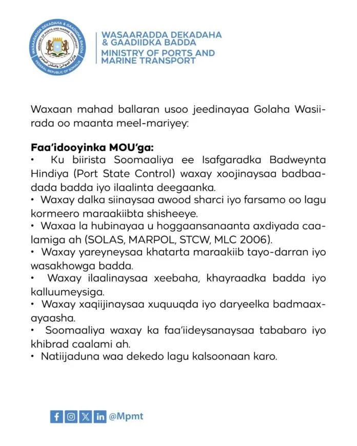 Somali Minister Welcomes Approval of Regional Port State Control Agreement to Boost Maritime Safety